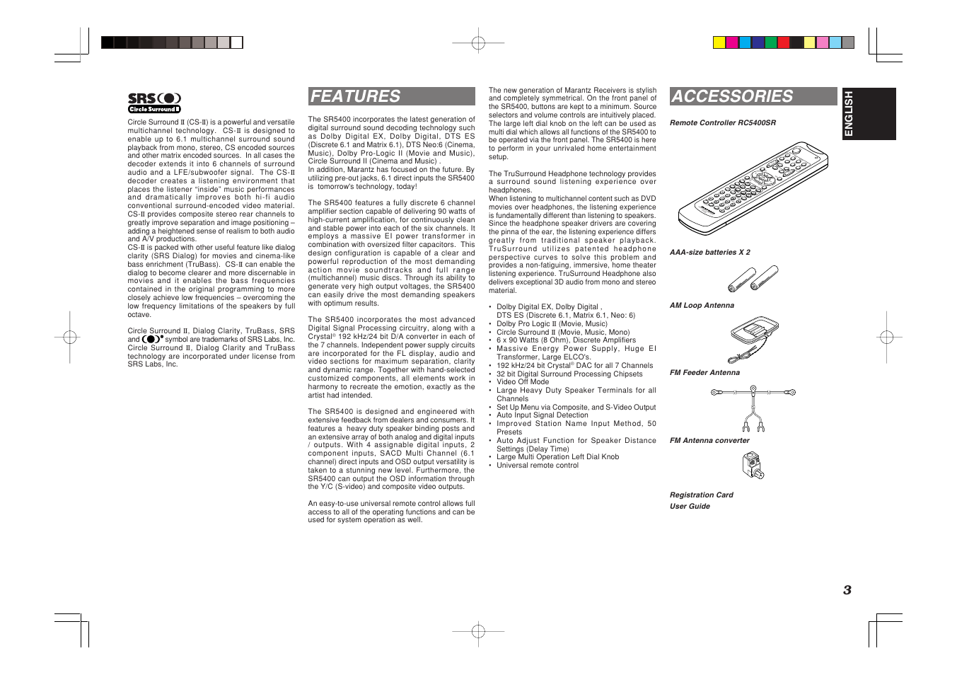 Features, Accessories, Vol. main vol.tv | Marantz SR5400U User Manual | Page 6 / 36