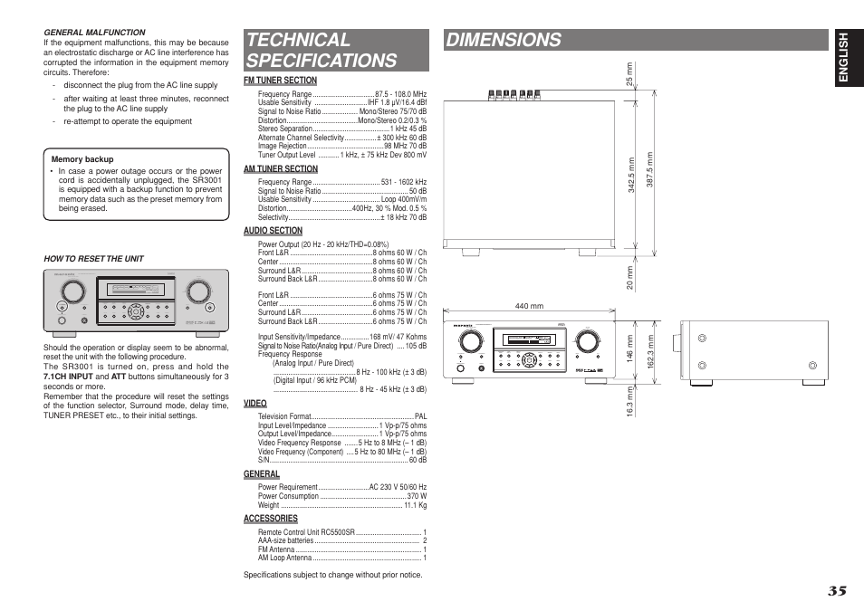 Technical specifications, Dimensions | Marantz R3001 User Manual | Page 39 / 43