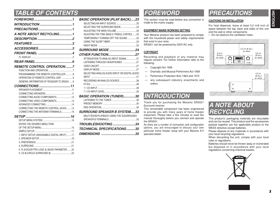 Table of contents foreword, Introduction, Precautions | Marantz R3001 User Manual | Page 5 / 43