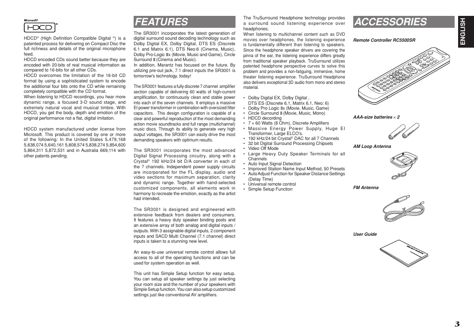 Features, Accessories | Marantz R3001 User Manual | Page 7 / 43