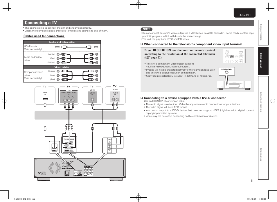 Connecting a tv, Cables used for connections, Resolution | Marantz 5411 10470 007M User Manual | Page 15 / 72