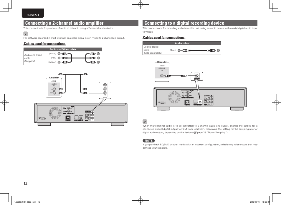 Connecting a 2-channel audio amplifier, Connecting to a digital recording device, Cables used for connections | Marantz 5411 10470 007M User Manual | Page 16 / 72