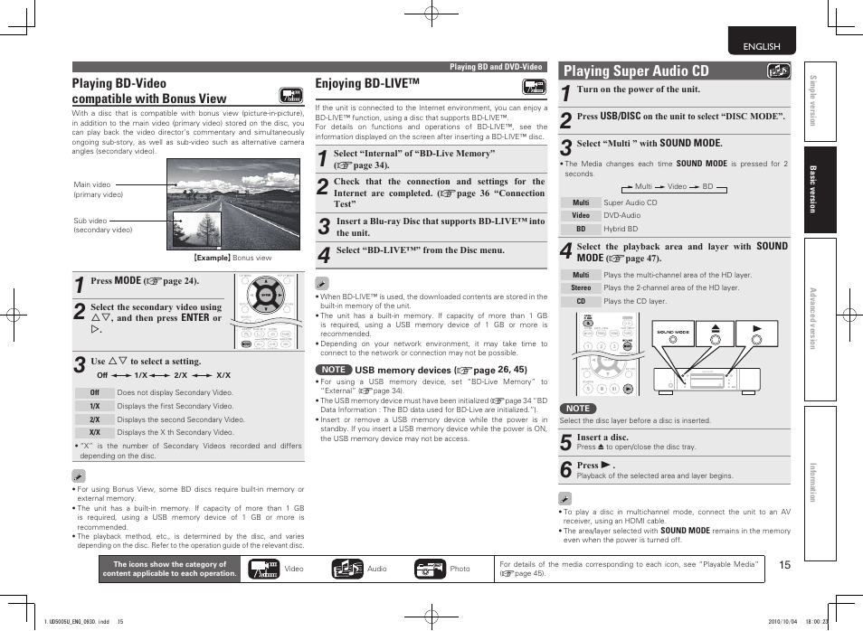 Playing super audio cd, Playing bd-video compatible with bonus view, Enjoying bd-live | Marantz 5411 10470 007M User Manual | Page 19 / 72