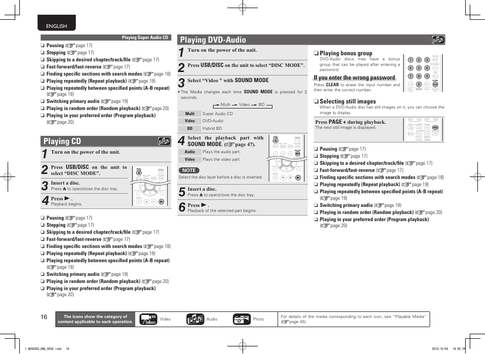 Playing cd, Playing dvd-audio | Marantz 5411 10470 007M User Manual | Page 20 / 72