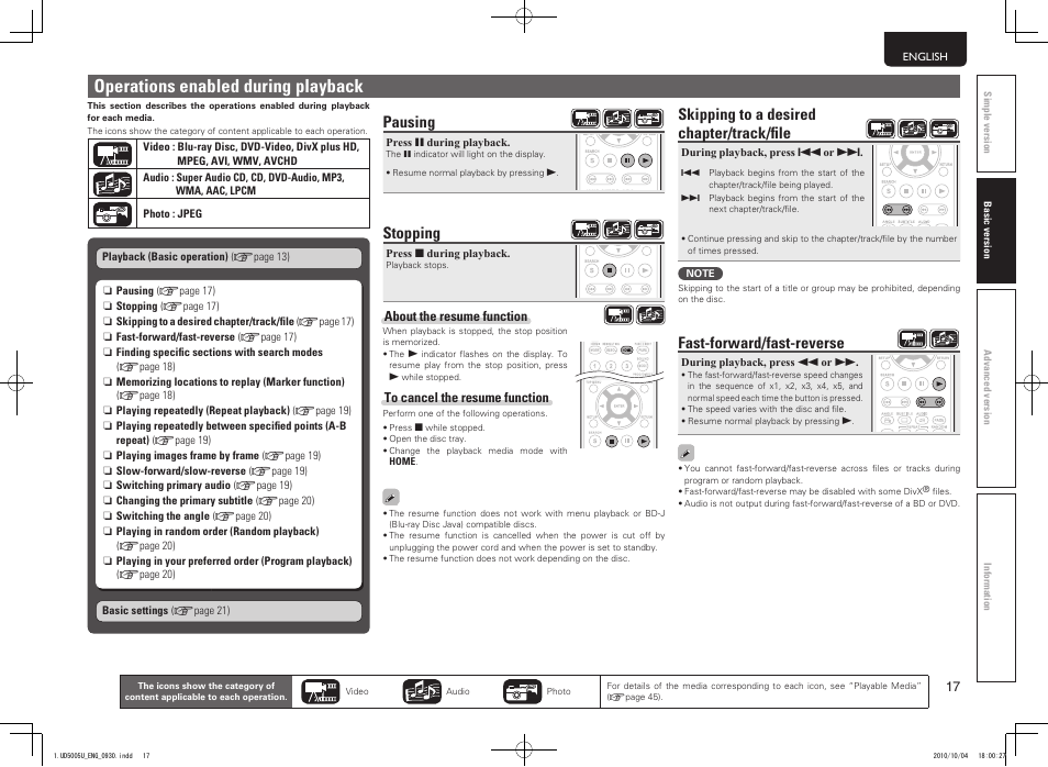 Operations enabled during playback, Skipping to a desired chapter/track/fi le, Fast-forward/ fast-reverse | Pausing, Stopping | Marantz 5411 10470 007M User Manual | Page 21 / 72