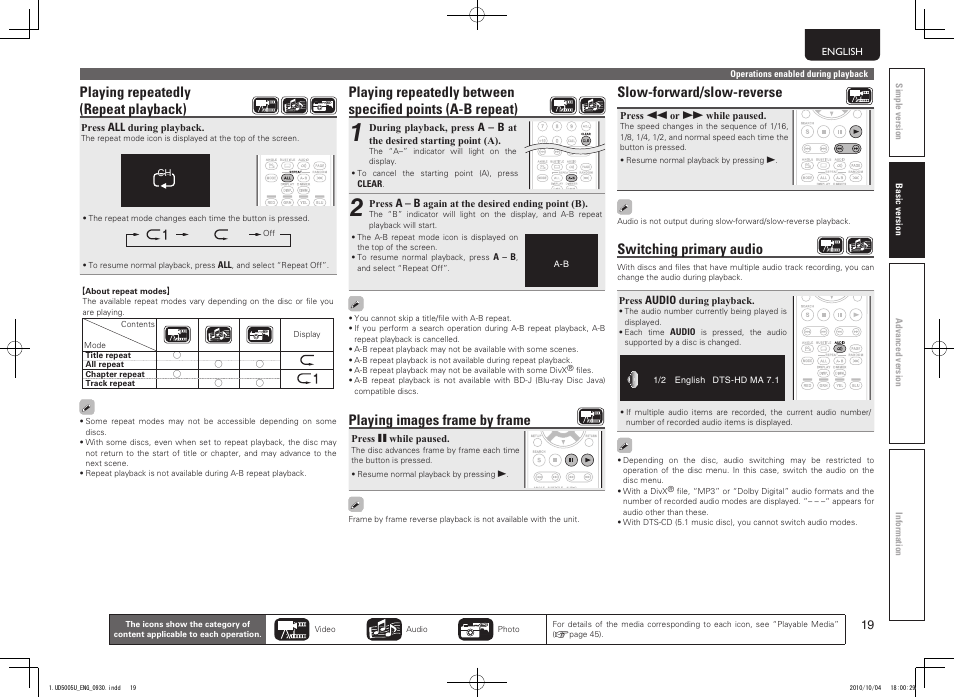 Playing repeatedly (repeat playback), Playing images frame by frame, Slow-forward/slow-reverse | Switching primary audio | Marantz 5411 10470 007M User Manual | Page 23 / 72