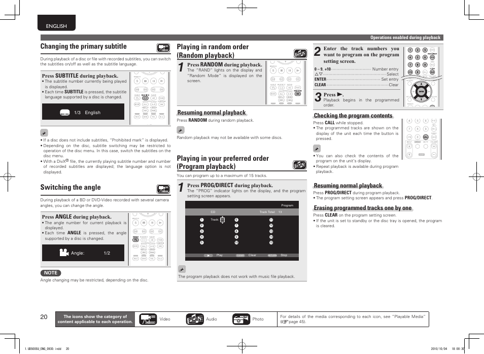 Playing in random order (random playback), Playing in your preferred order (program playback), Changing the primary | Subtitle, Switching the angle | Marantz 5411 10470 007M User Manual | Page 24 / 72