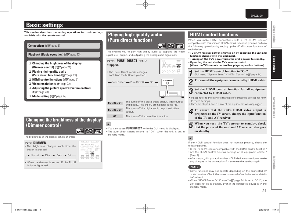 Basic settings, Playing high-quality audio ( pure direct function), Hdmi control functions | Marantz 5411 10470 007M User Manual | Page 25 / 72