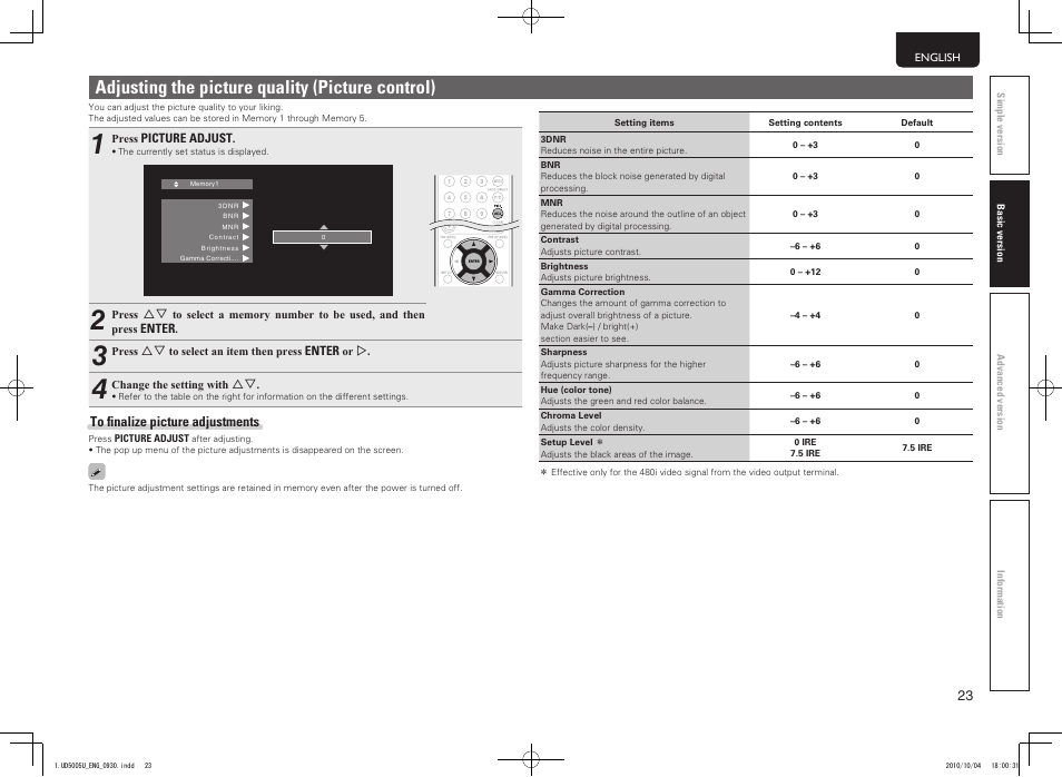 Adjusting the picture quality (picture control) | Marantz 5411 10470 007M User Manual | Page 27 / 72