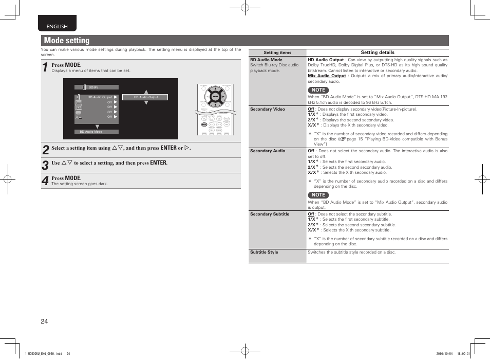 Mode setting | Marantz 5411 10470 007M User Manual | Page 28 / 72
