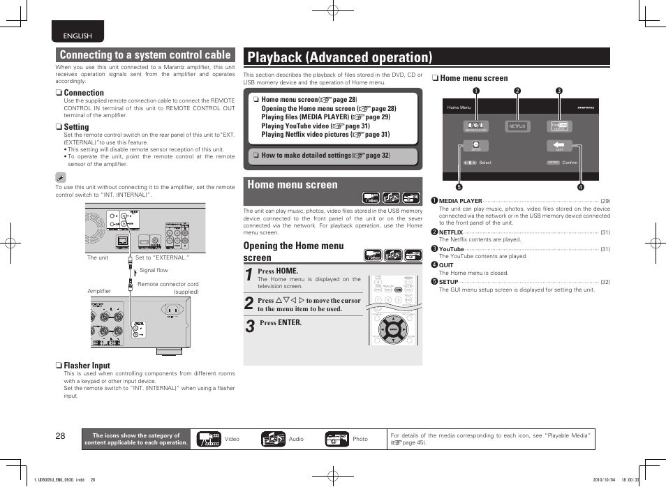 Playback (advanced operation), Home menu screen, Connecting to a system control cable | Opening the home menu screen | Marantz 5411 10470 007M User Manual | Page 32 / 72