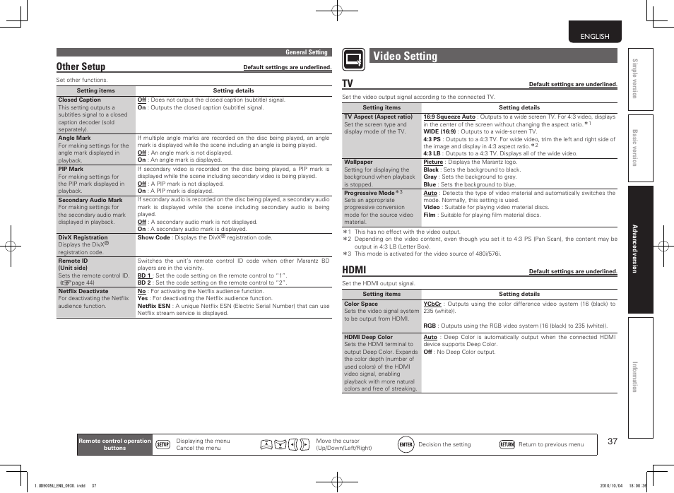 Video setting, Hdmi, Other setup | Marantz 5411 10470 007M User Manual | Page 41 / 72