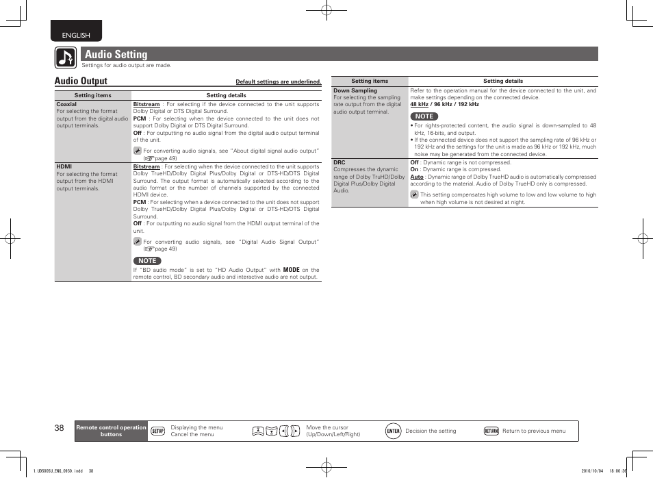 Audio setting, Audio output | Marantz 5411 10470 007M User Manual | Page 42 / 72