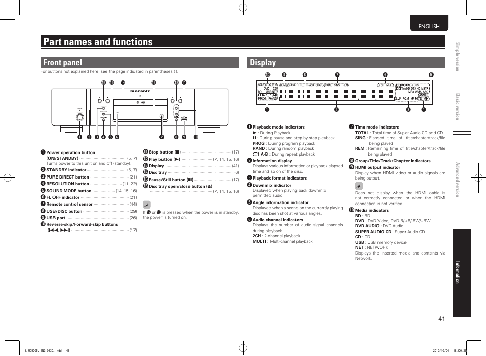 Part names and functions, Front panel, Display | Marantz 5411 10470 007M User Manual | Page 45 / 72