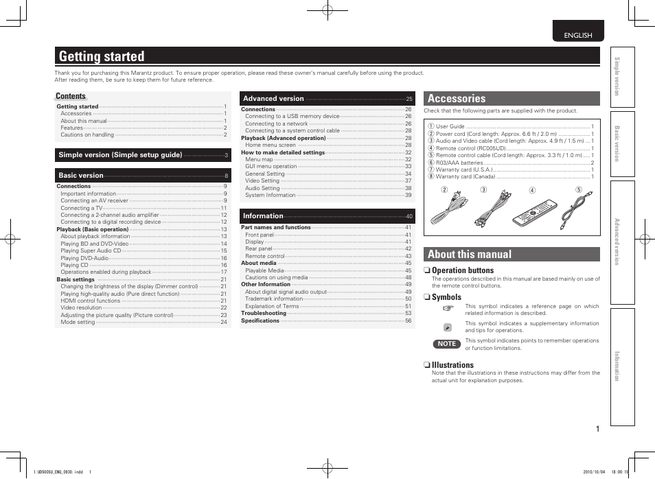 Getting started, Accessories, About this manual | Marantz 5411 10470 007M User Manual | Page 5 / 72