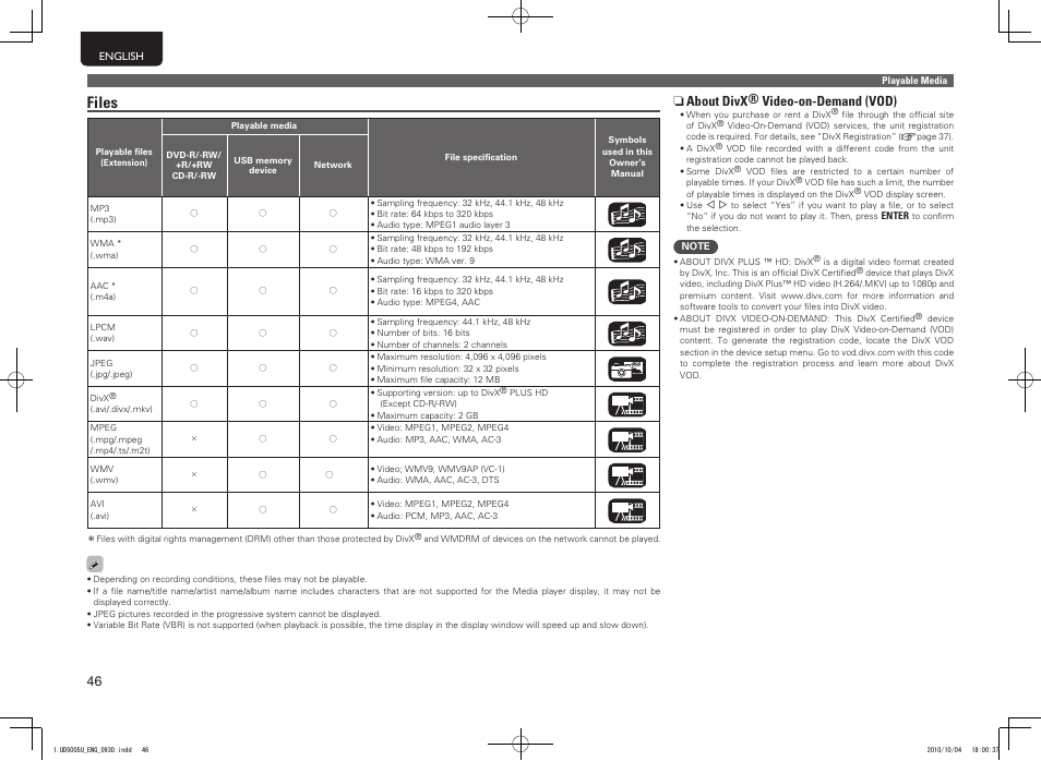 Files, N about divx® video-on-demand (vod) | Marantz 5411 10470 007M User Manual | Page 50 / 72