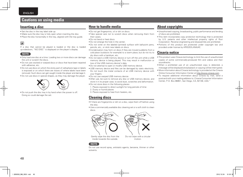 Cautions on using media, Inserting a disc, How to handle media | Cleaning discs, About copyrights, Cinavia notice | Marantz 5411 10470 007M User Manual | Page 52 / 72