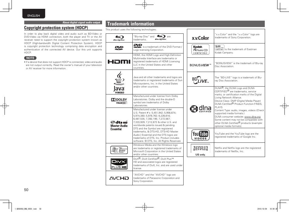 Trademark information, Copyright protection system (hdcp) | Marantz 5411 10470 007M User Manual | Page 54 / 72