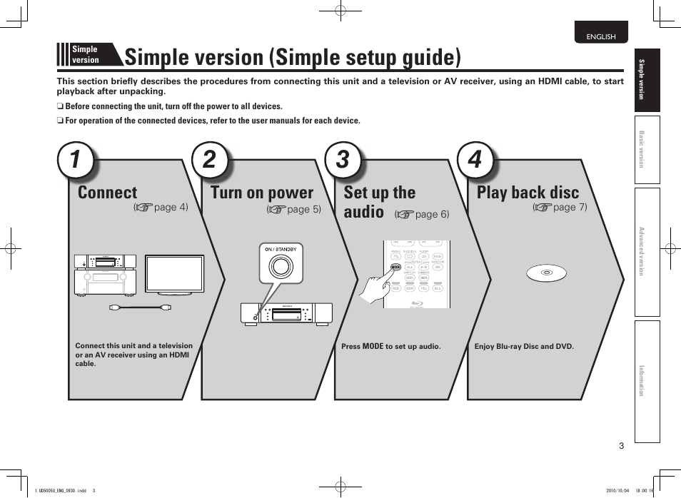 Simple version (simple setup guide), Play back disc, Set up the audio | Turn on power, Connect | Marantz 5411 10470 007M User Manual | Page 7 / 72