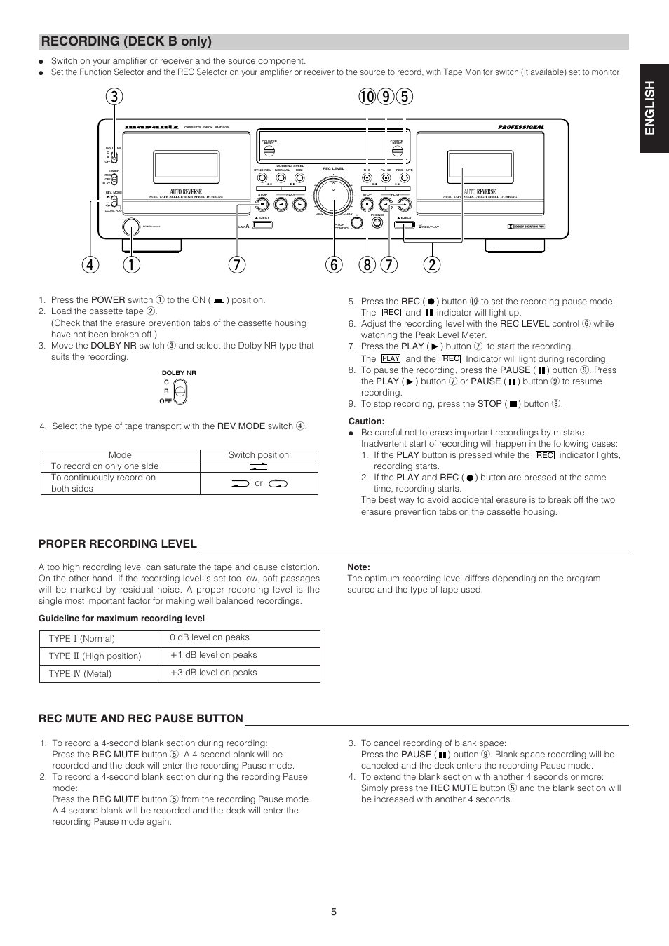 Recording (deck b only), English fran ç ais esp a ñ ol, Proper recording level | Rec mute and rec pause button | Marantz PMD505 User Manual | Page 10 / 17