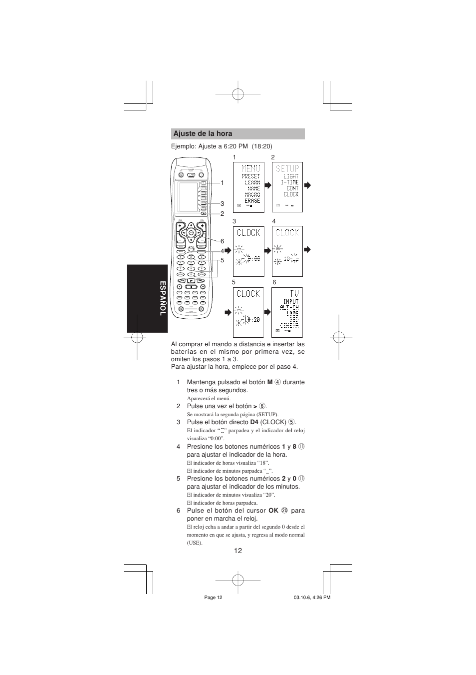 12 espa ñ ol, Test ch.sel surr 7.1ch att spk-ab disp osd sleep, Learning remote controller rc1400 | Ajuste de la hora, 2pulse una vez el botón > y, 3pulse el botón directo d4 (clock) t | Marantz RC1400 User Manual | Page 106 / 191