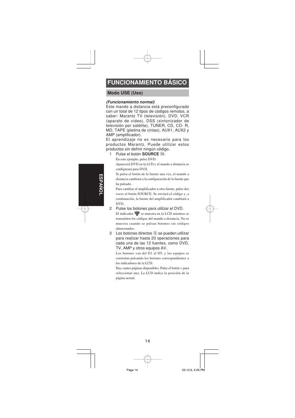 Funcionamiento básico | Marantz RC1400 User Manual | Page 108 / 191