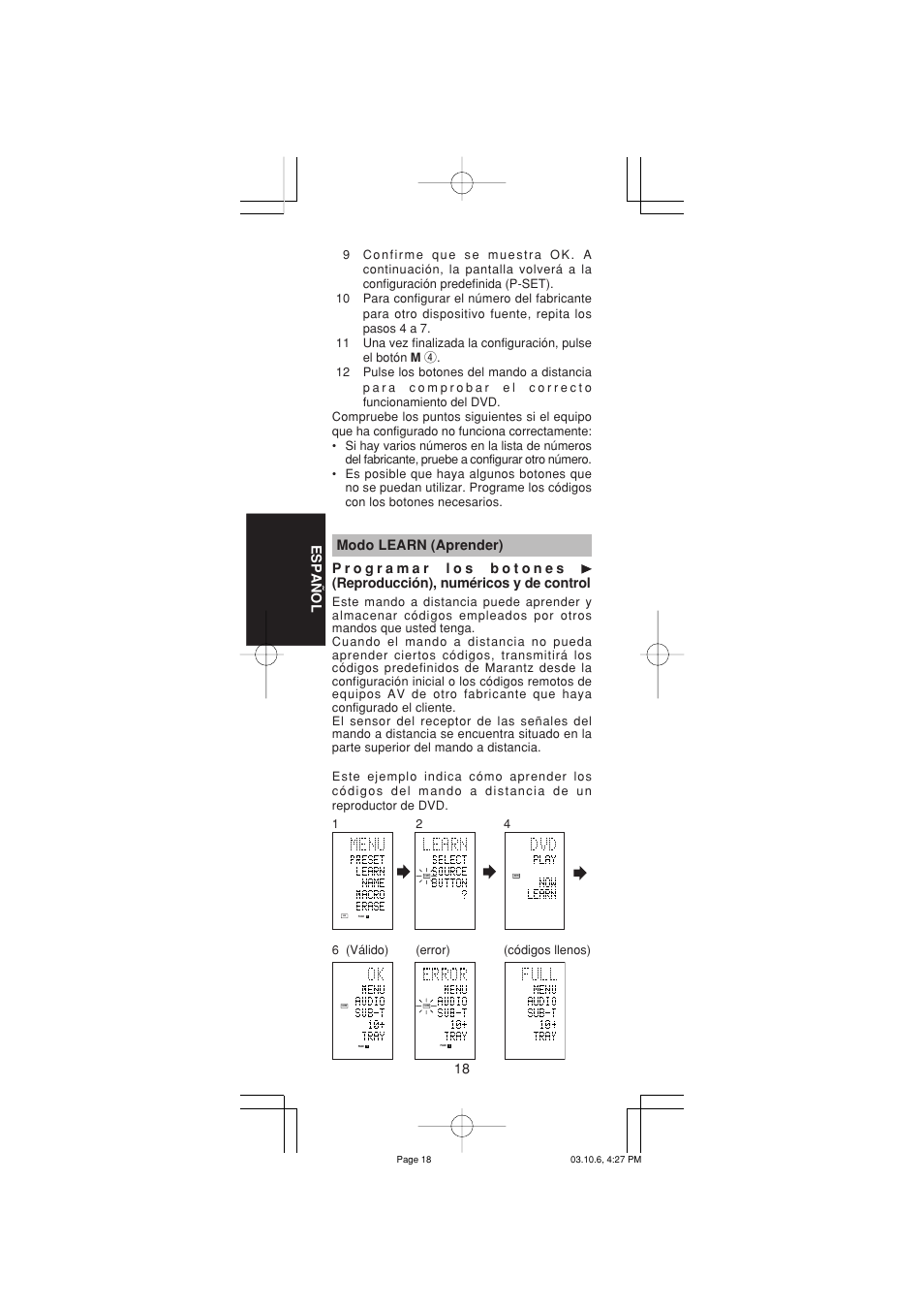 18 espa ñ ol | Marantz RC1400 User Manual | Page 112 / 191