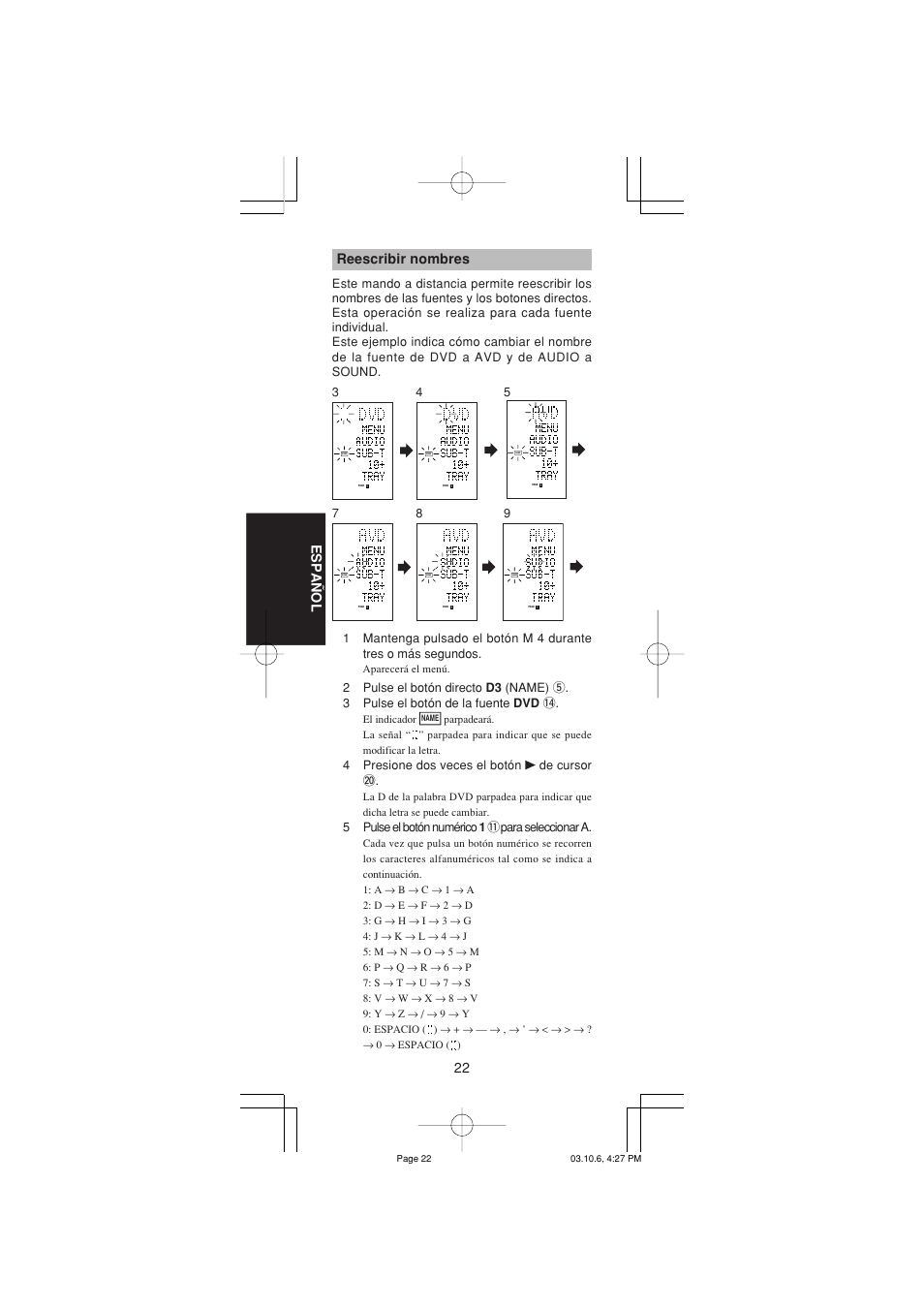 22 espa ñ ol, Reescribir nombres | Marantz RC1400 User Manual | Page 116 / 191