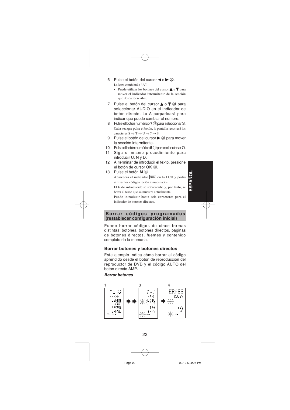 23 espa ñ ol, Borrar botones y botones directos | Marantz RC1400 User Manual | Page 117 / 191