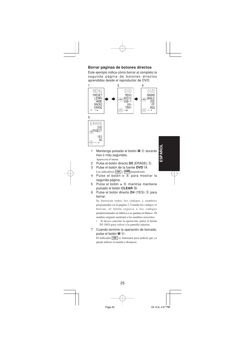 25 espa ñ ol, Borrar páginas de botones directos | Marantz RC1400 User Manual | Page 119 / 191