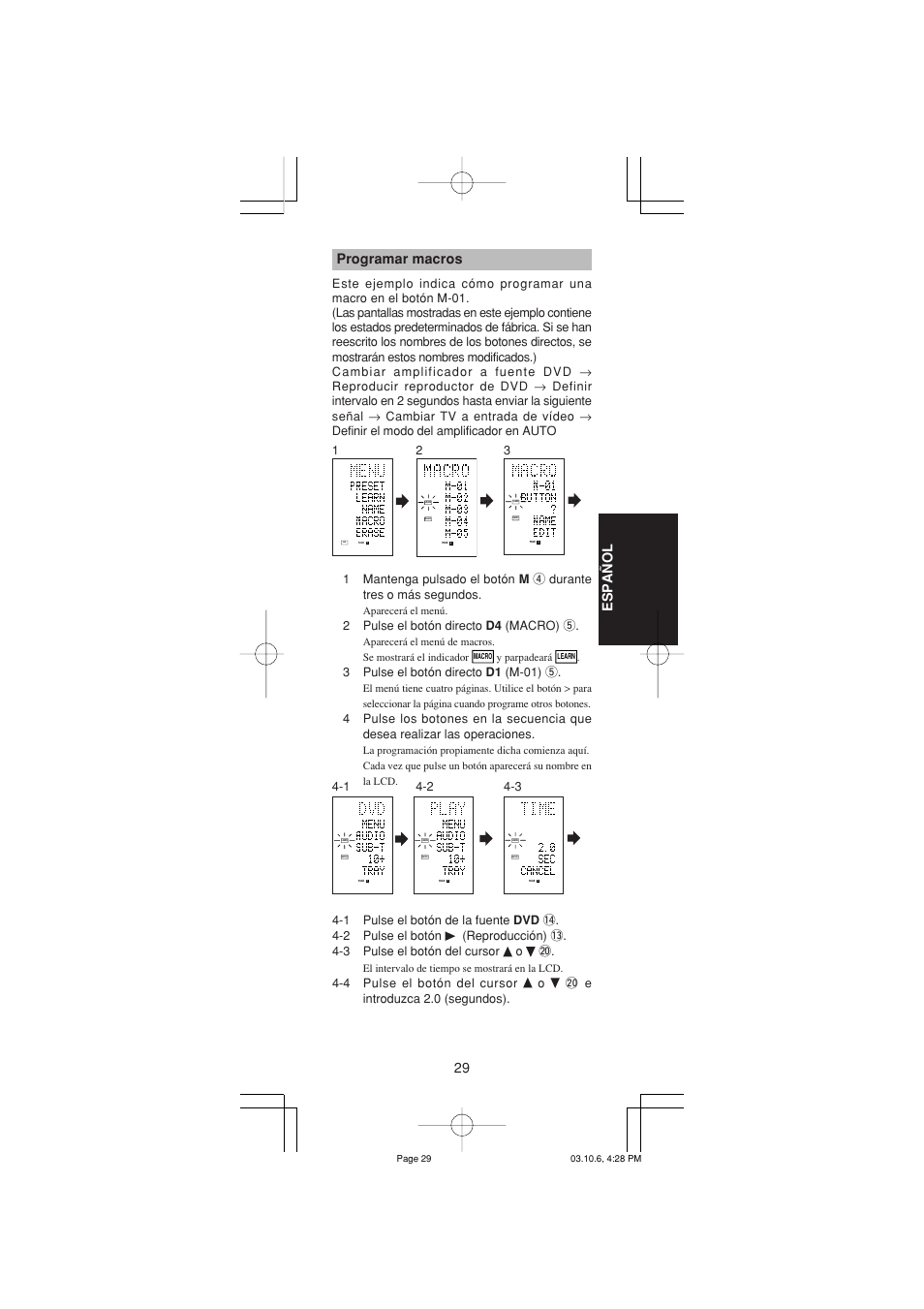 29 espa ñ ol, Programar macros | Marantz RC1400 User Manual | Page 123 / 191