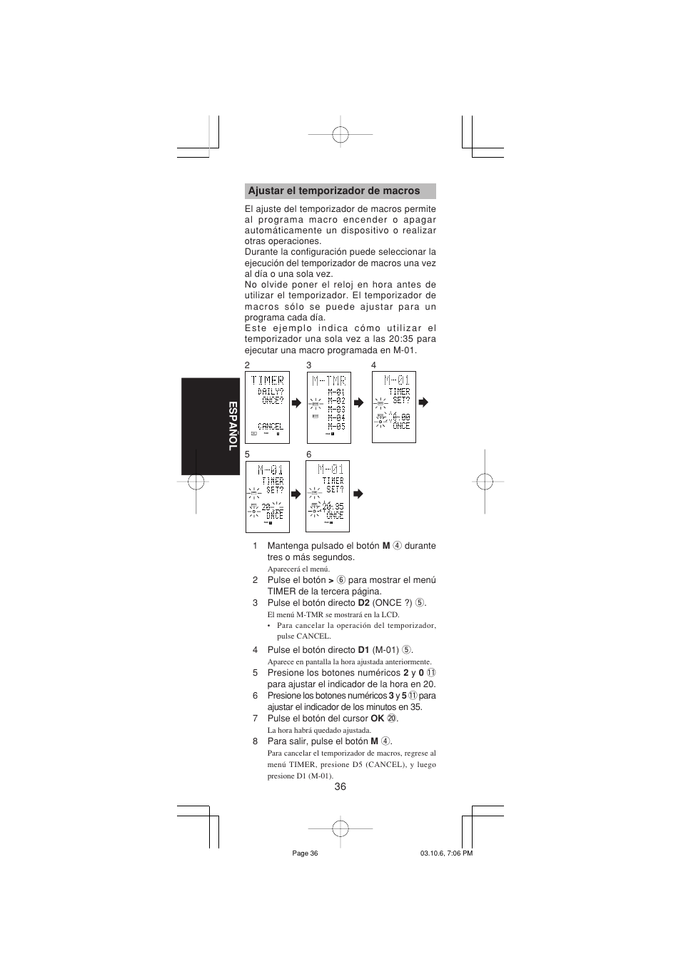 36 español, Ajustar el temporizador de macros, 4pulse el botón directo d1 (m-01) t | 8para salir, pulse el botón m r | Marantz RC1400 User Manual | Page 130 / 191