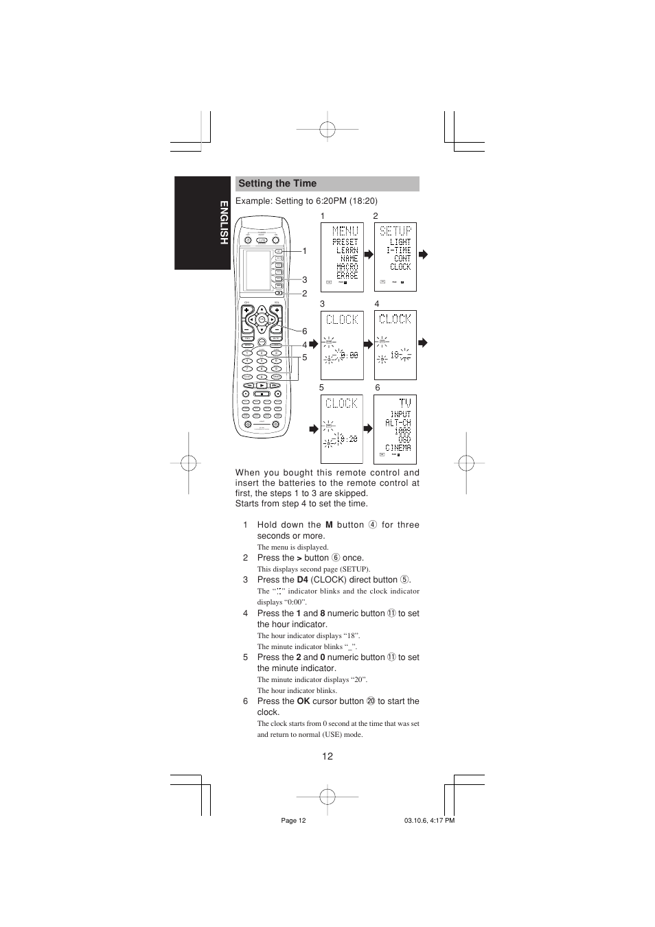 12 english setting the time, Test ch.sel surr 7.1ch att spk-ab disp osd sleep, Learning remote controller rc1400 | 2press the > button y once, 3press the d4 (clock) direct button t, 6press the ok cursor button @0 to start the clock, The menu is displayed, This displays second page (setup) | Marantz RC1400 User Manual | Page 14 / 191