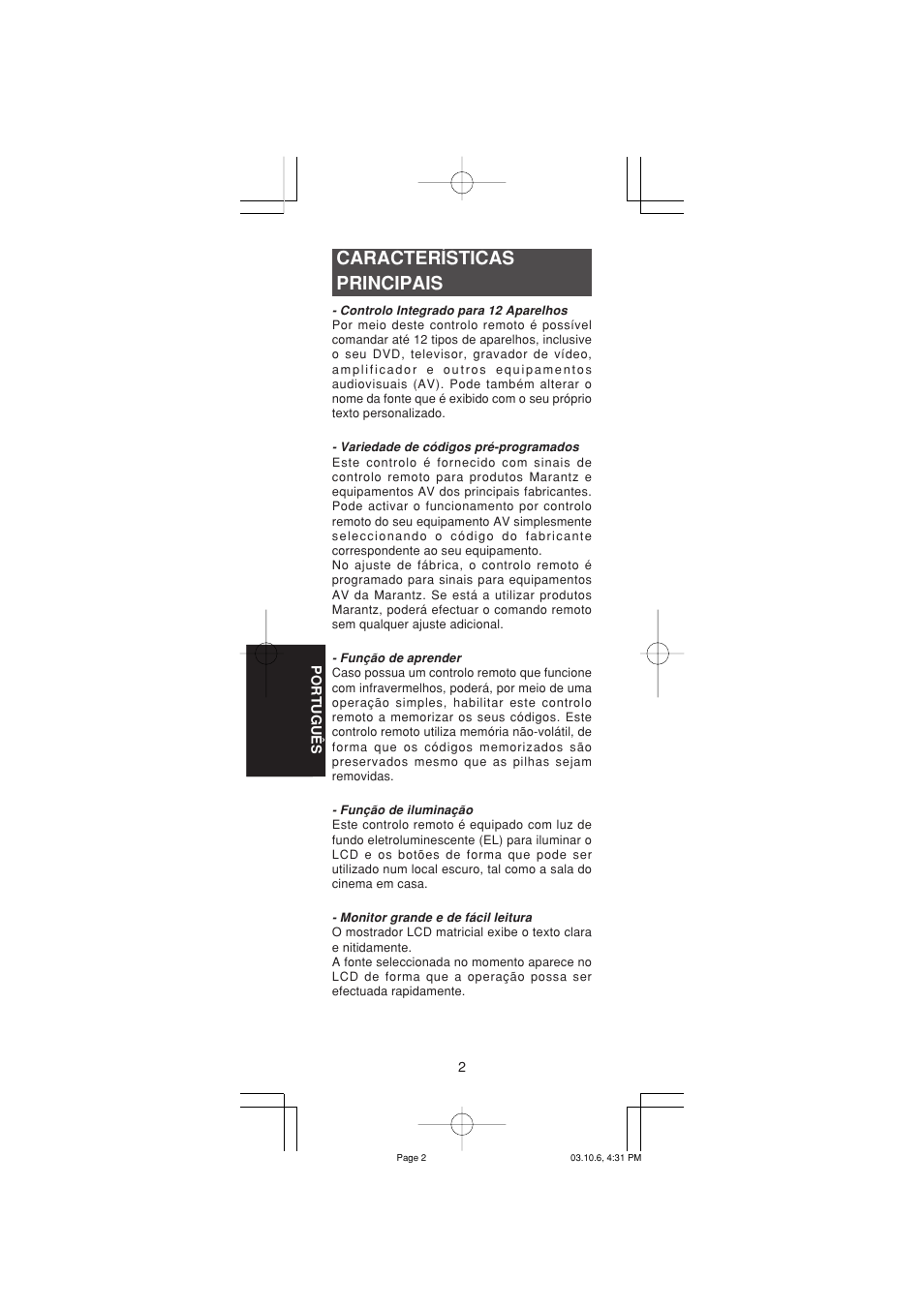 Características principais | Marantz RC1400 User Manual | Page 141 / 191