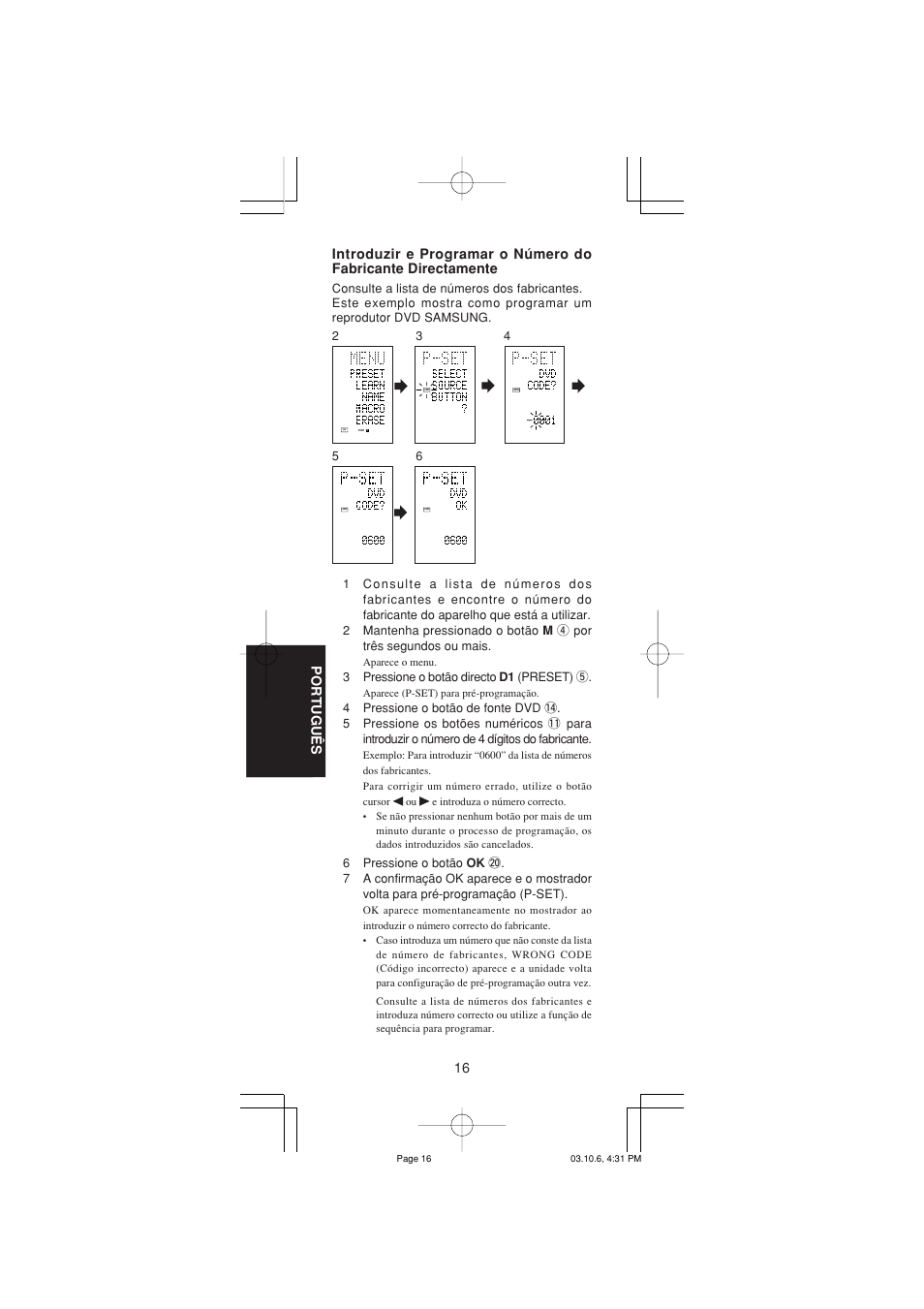 16 portugu ê s | Marantz RC1400 User Manual | Page 155 / 191