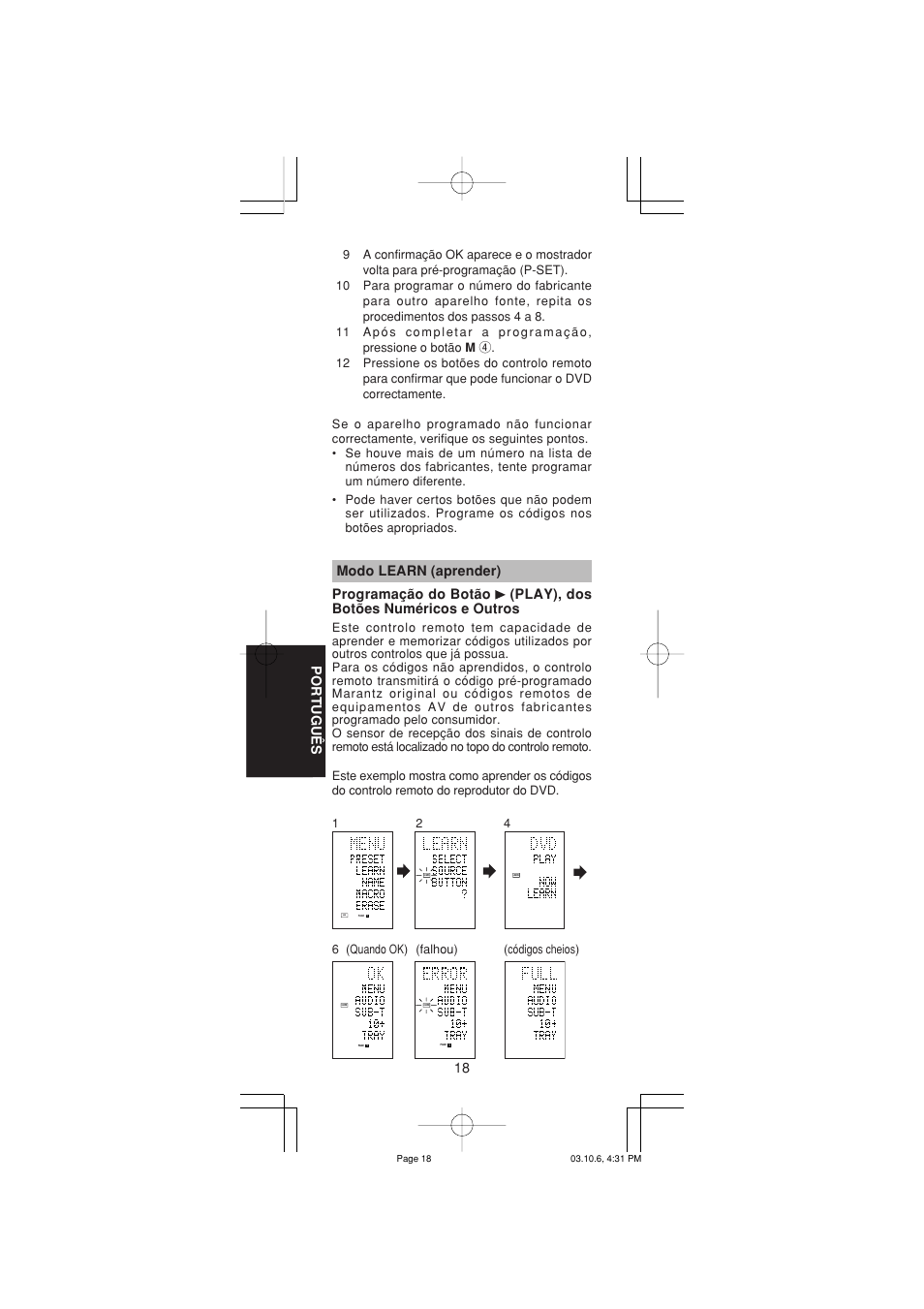 18 portugu ê s | Marantz RC1400 User Manual | Page 157 / 191