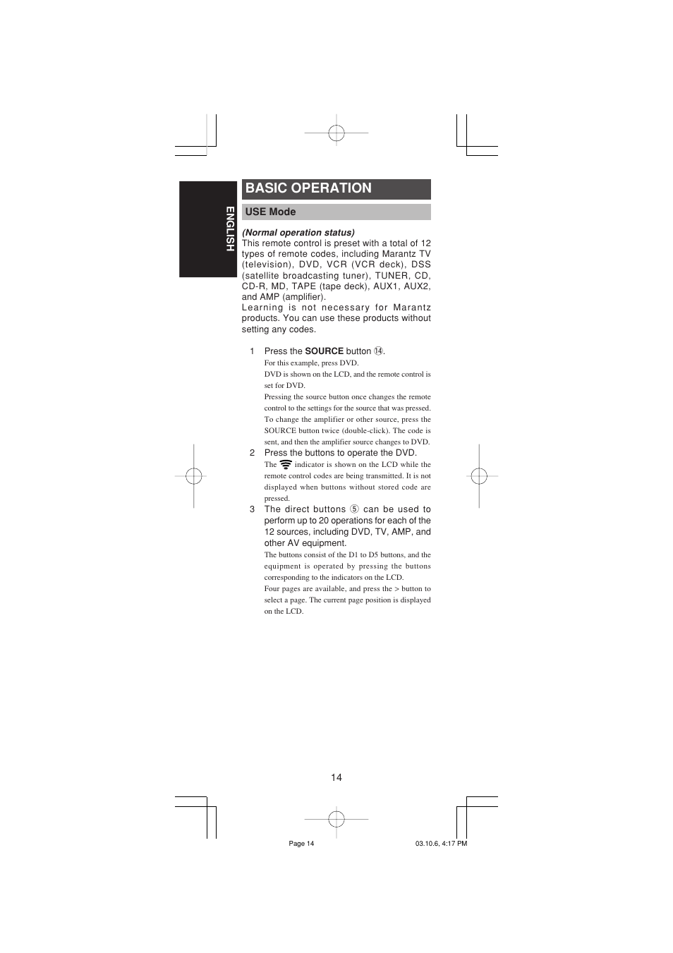 Basic operation | Marantz RC1400 User Manual | Page 16 / 191