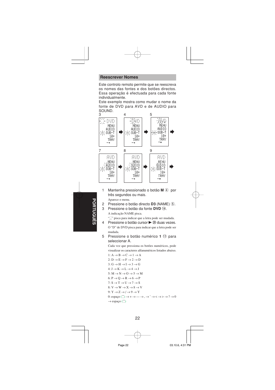 22 portugu ê s, Reescrever nomes | Marantz RC1400 User Manual | Page 161 / 191