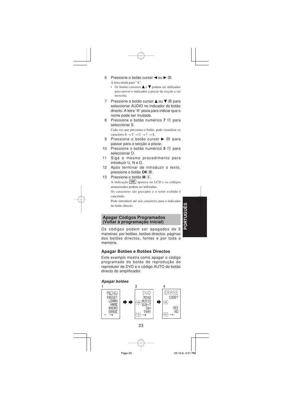 23 portugu ê s, Apagar botões e botões directos | Marantz RC1400 User Manual | Page 162 / 191