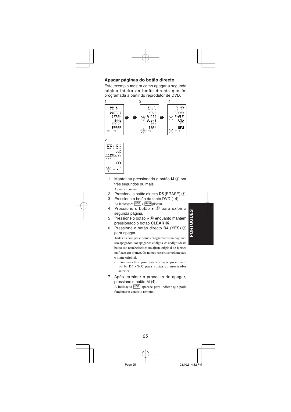 25 portugu ê s, Apagar páginas do botão directo | Marantz RC1400 User Manual | Page 164 / 191