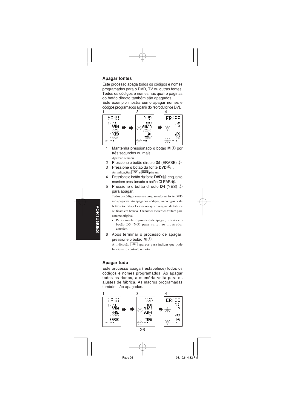 26 portugu ê s, Apagar fontes, Apagar tudo | Marantz RC1400 User Manual | Page 165 / 191