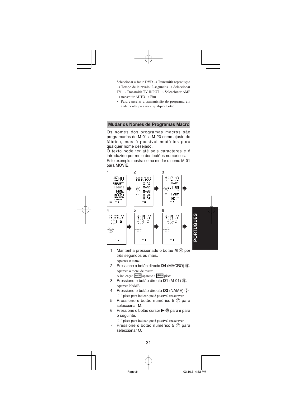 31 portugu ê s, Mudar os nomes de programas macro | Marantz RC1400 User Manual | Page 170 / 191