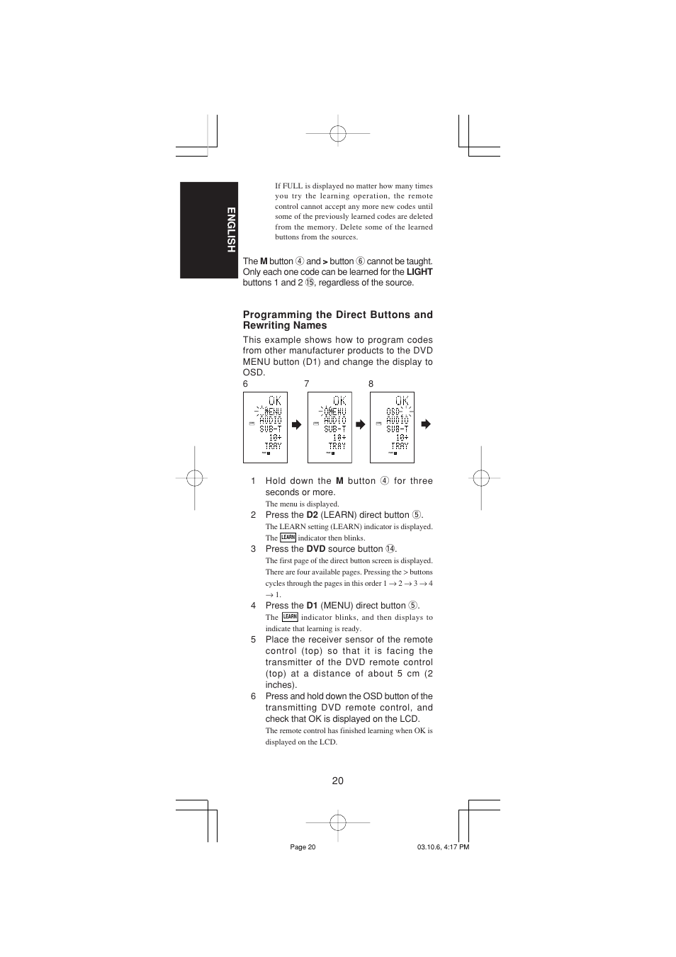 20 english, Programming the direct buttons and rewriting names | Marantz RC1400 User Manual | Page 22 / 191