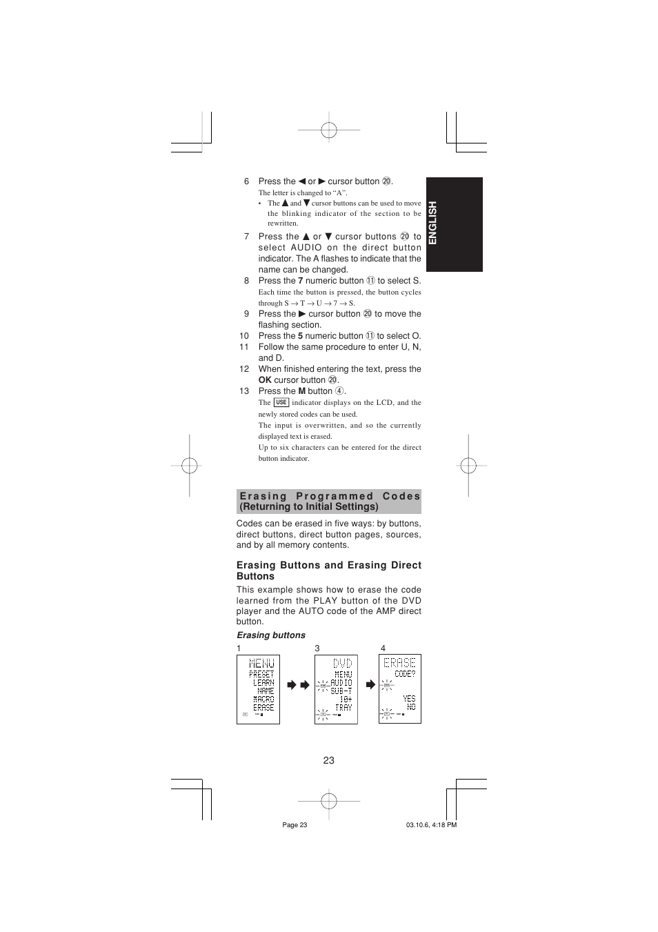 23 english, Erasing buttons and erasing direct buttons | Marantz RC1400 User Manual | Page 25 / 191