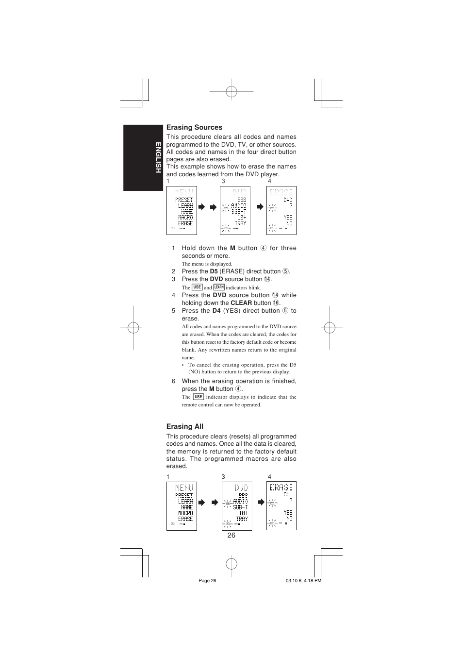 26 english, Erasing sources, Erasing all | Marantz RC1400 User Manual | Page 28 / 191