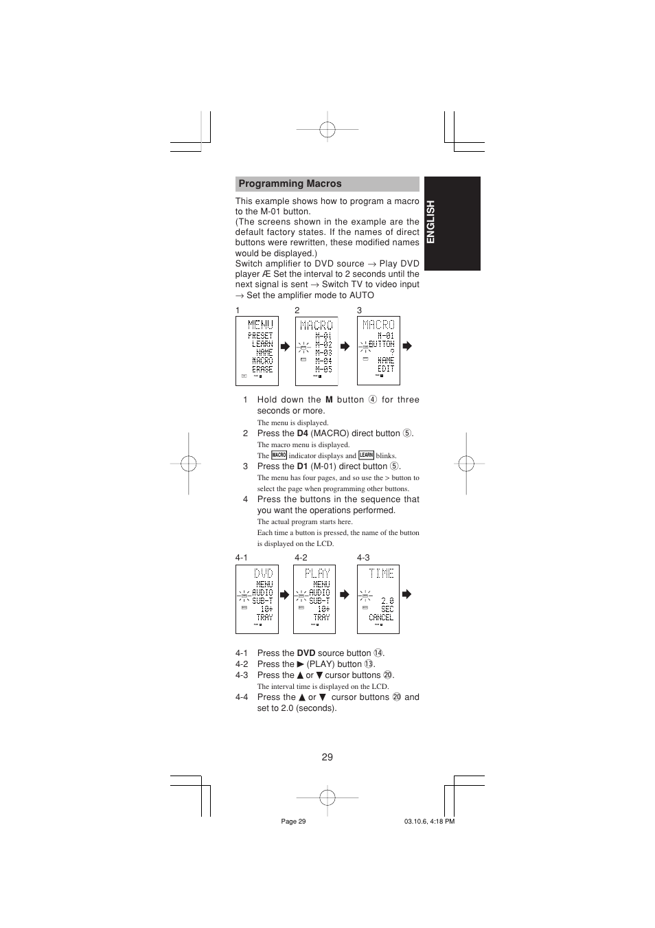 29 english programming macros, 2press the d4 (macro) direct button t, 3press the d1 (m-01) direct button t | Marantz RC1400 User Manual | Page 31 / 191