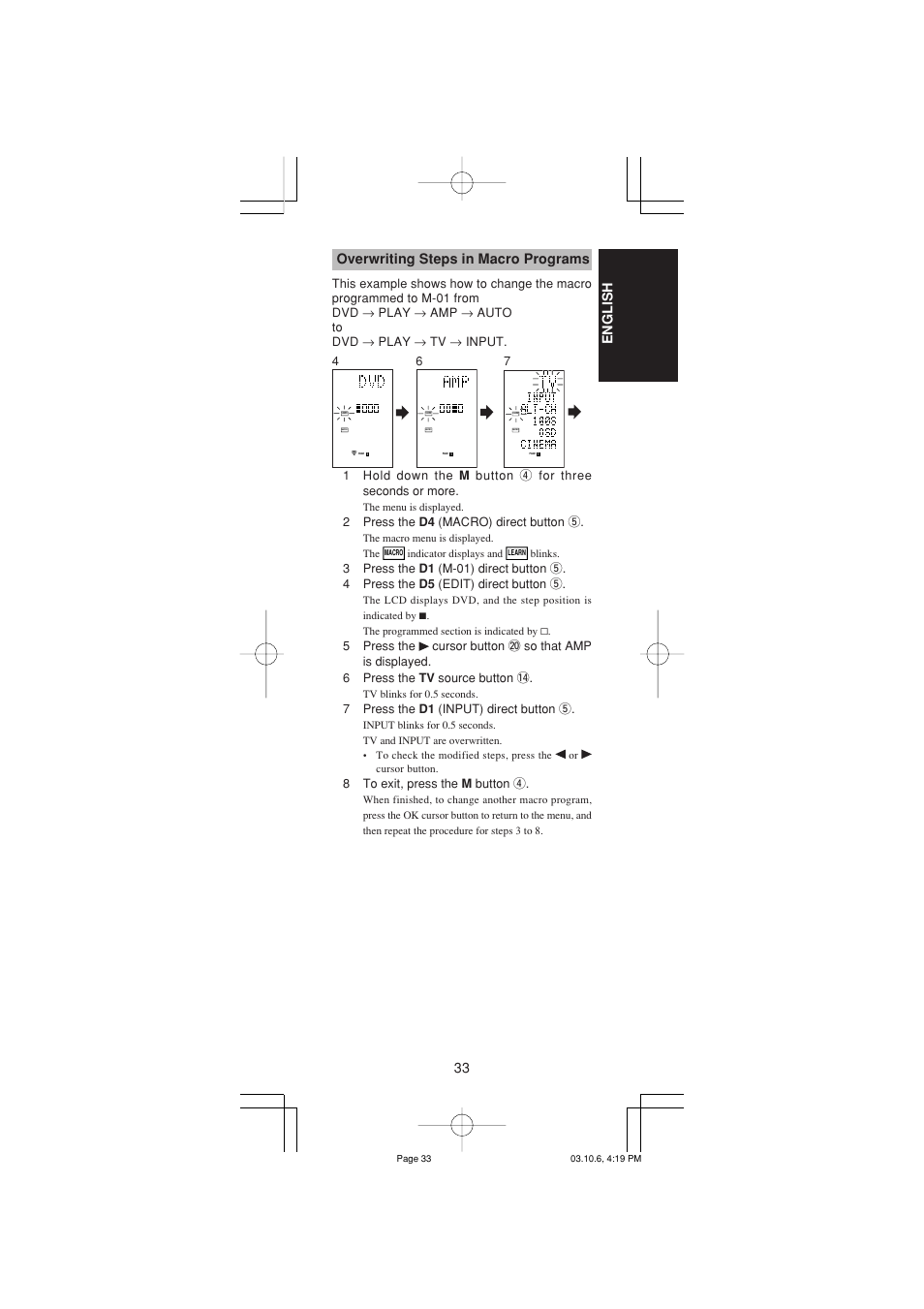 33 english overwriting steps in macro programs | Marantz RC1400 User Manual | Page 35 / 191