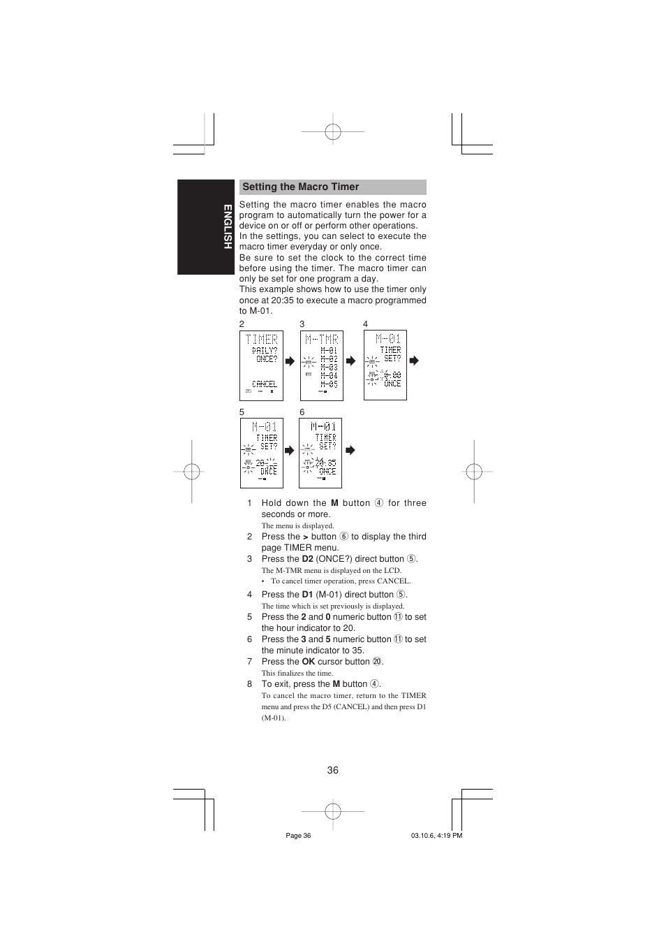 36 english setting the macro timer, 4press the d1 (m-01) direct button t, 8to exit, press the m button r | Marantz RC1400 User Manual | Page 38 / 191