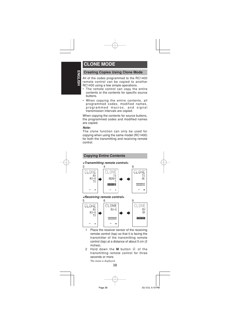 Clone mode, 38 english, Creating copies using clone mode | Copying entire contents | Marantz RC1400 User Manual | Page 40 / 191