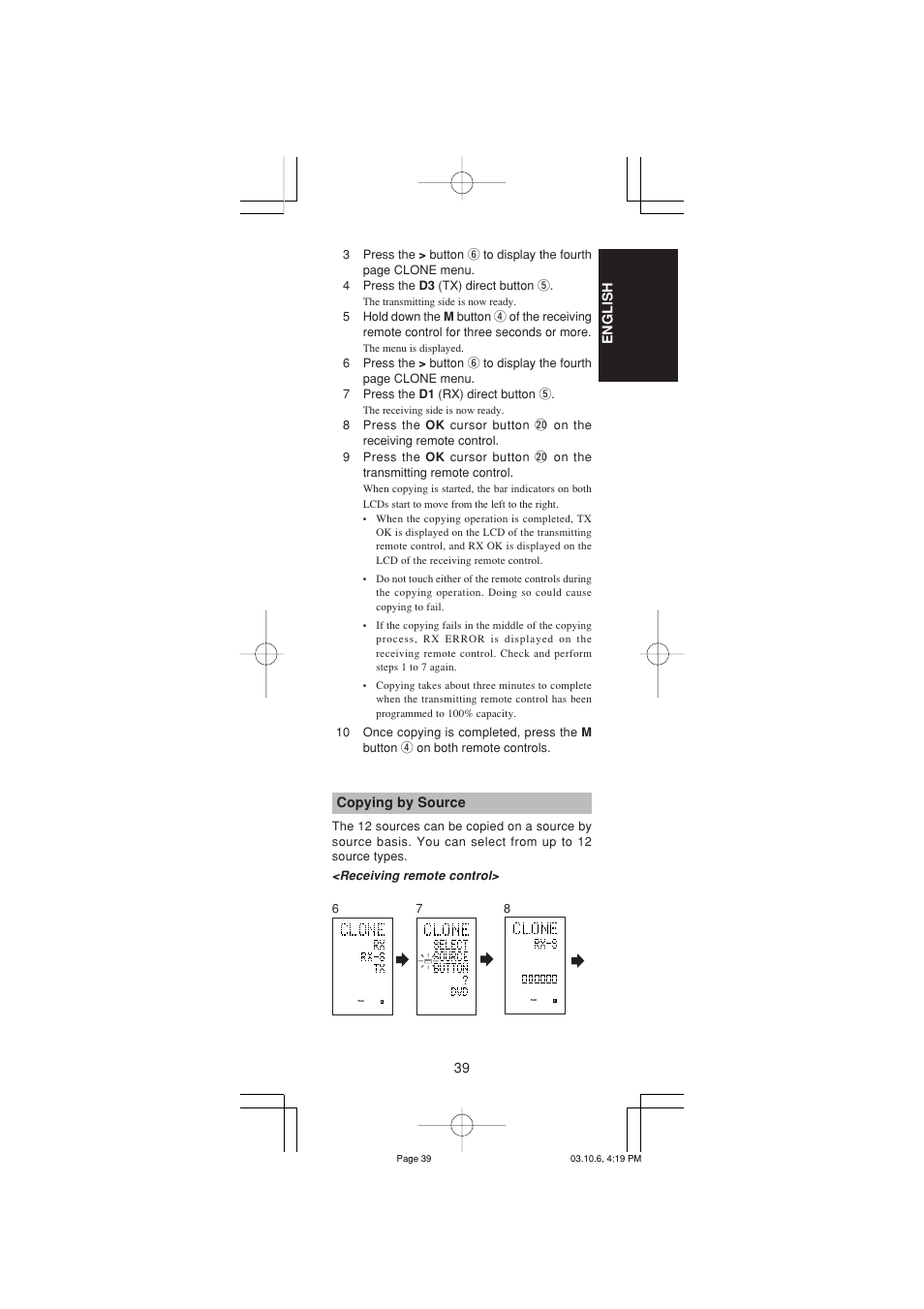 39 english, Copying by source | Marantz RC1400 User Manual | Page 41 / 191